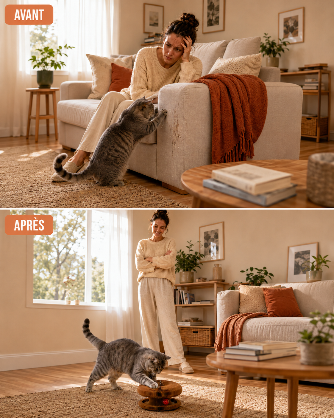 Avant/après : chat griffant le canapé, puis chat jouant avec son griffoir RUNCAT à la place