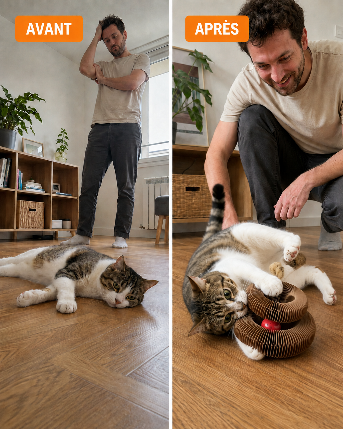 Comparaison avant/après : chat inactif puis chat qui joue avec son griffoir en carton RUNCAT au lieu de griffer canapé